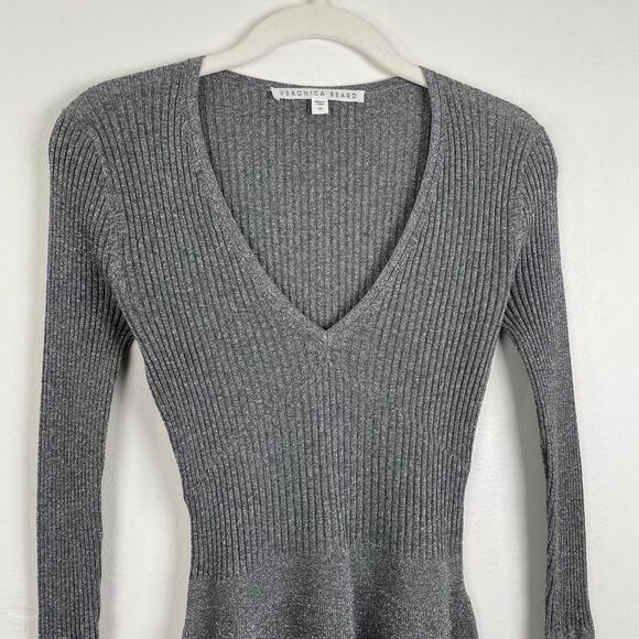 Veronica Beard Esmeralda Metallic Sweater Silver V-Neck Ribbed Knit Peplum Gray - Picture 5 of 16
